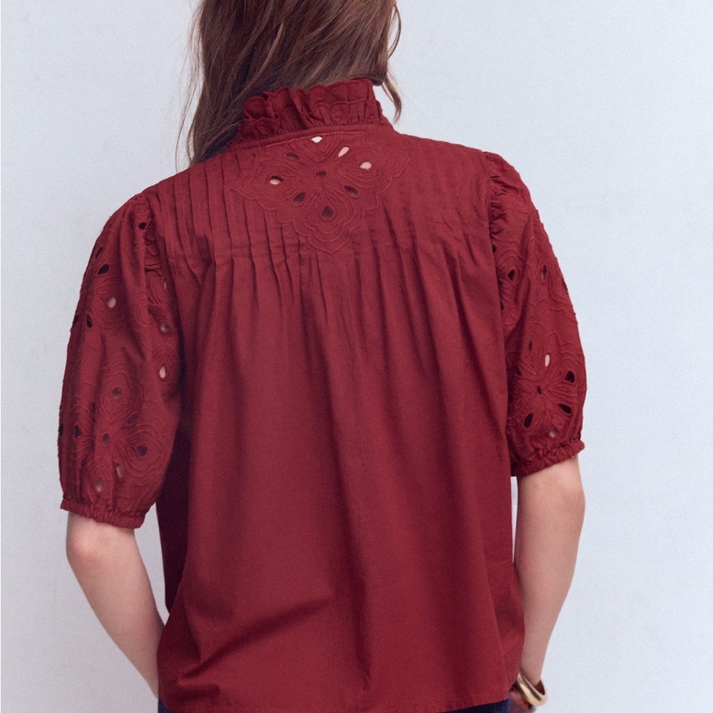 Boden Button-Front Eyelet Puff-Sleeve Blouse Cutwork Puff Sleeve Top-Russet - Picture 3 of 5